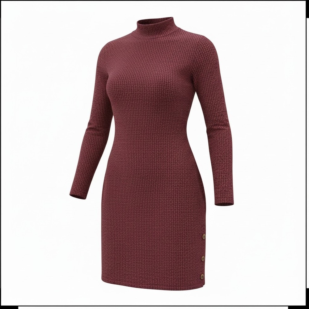 Banana Republic Mock Neck Knit Dress Women PM Burgundy Long Sleeve Button Detail